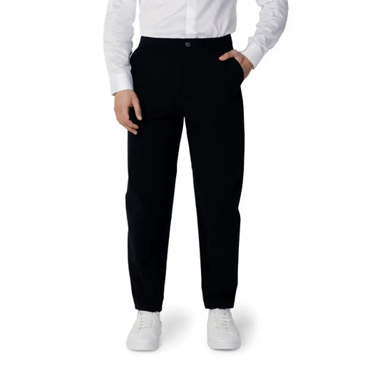 Men’s black trousers with button closure paired with white shirt and sneakers for Armani Exchange Men Blue Cotton Trousers Spring Summer