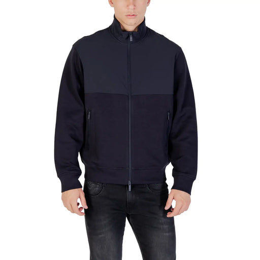 Armani Exchange men blue long zip front pocket blazer with two-tone navy panels and zip-up track jacket design