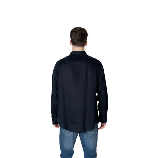 Men’s black long-sleeve button-up shirt displayed in Armani Exchange Blue Plain Linen Shirt collection