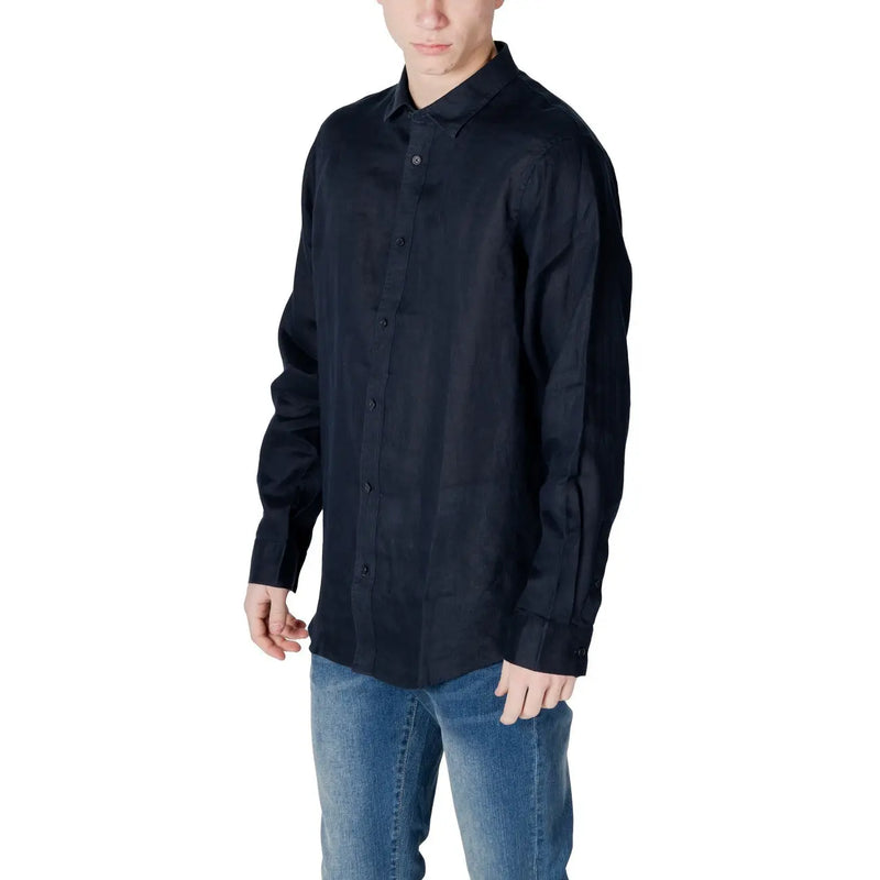 Black linen button-down shirt with classic collar and long sleeves from armani exchange men blue plain linen shirt spring summer