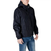 Armani Exchange blauer Herrenblazer mit Kapuze aus Polyamid, glänzendem Nylon-Finish und dezenten Reißverschlussdetails