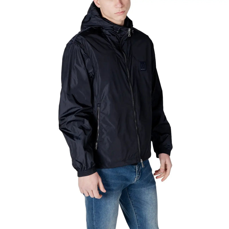 Armani Exchange blauer Herrenblazer mit Kapuze aus Polyamid, glänzendem Nylon-Finish und dezenten Reißverschlussdetails