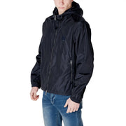 Armani Exchange blauer Herrenblazer mit Kapuze aus Polyamid, glänzendem, wasserabweisendem Stoff und silbernen Reißverschlüssen