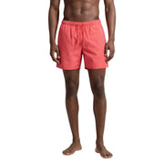 Armani exchange Herren-Badehose aus korallenfarbenem Polyester mit blauem Print, Kordelzugbund und vertikalem Markenlogo an der Seite