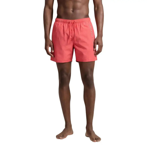 Armani exchange men blue print coral polyester swim trunks with drawstring waistband and vertical branding on the side