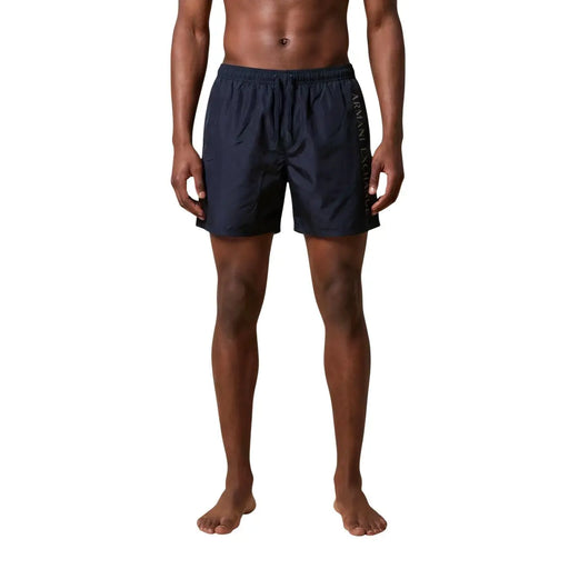 Dark navy blue armani exchange men blue print polyester swimwear shorts with subtle side logo detail