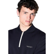 Armani Exchange Herren-Sweatshirt aus blauem Modal-Mischgewebe im Polo-Stil mit marineblauem Kragen, weißem Reißverschluss und gesticktem Logo