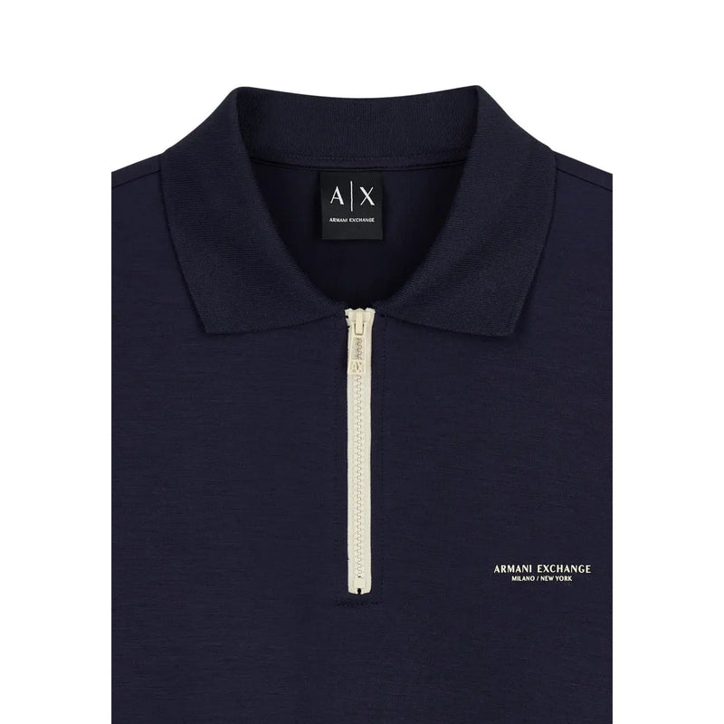 Armani Exchange Herren-Sweatshirt, blauer Modal-Mischgewebe, marineblaues Poloshirt mit cremefarbenem Reißverschluss und dezentem Logo am Kragen
