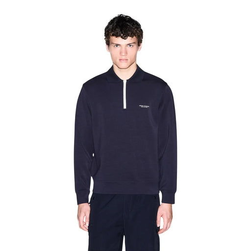 Armani Exchange Herren-Sweatshirt in Dunkelblau mit halbem Reißverschluss, weißem Reißverschluss, aus Modal-Mischgewebe und dezenter Bruststickerei