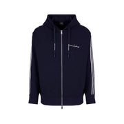 Armani Exchange Herren-Sweatshirt, blau, Polyester-Mischgewebe, dunkelblauer Kapuzenpullover mit Reißverschluss, weißen Ärmelstreifen und gesticktem Logo