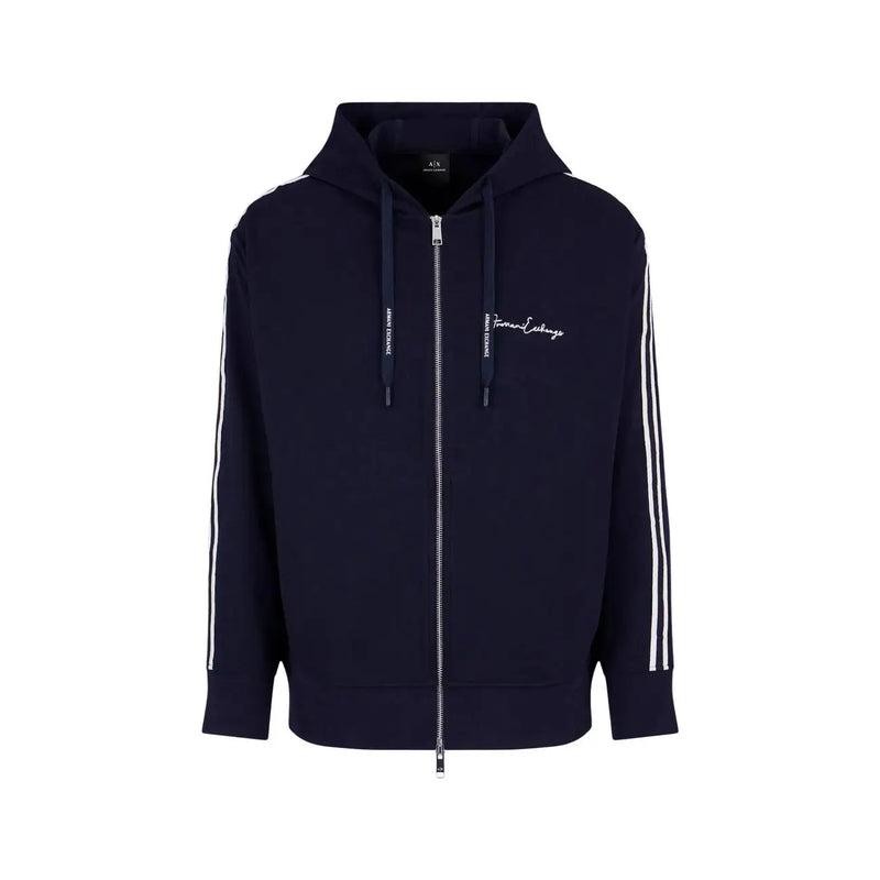 Armani Exchange Herren-Sweatshirt, blau, Polyester-Mischgewebe, dunkelblauer Kapuzenpullover mit Reißverschluss, weißen Ärmelstreifen und gesticktem Logo