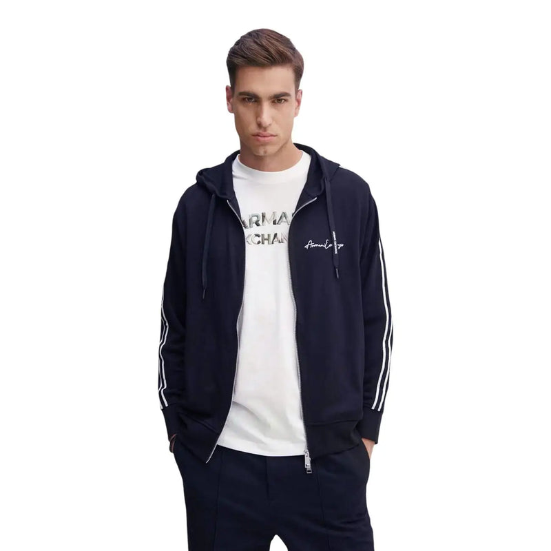 Marineblau Armani Exchange Herren-Sweatshirt, blau, aus Polyester-Mischgewebe, Kapuze mit Reißverschluss, weißen Ärmelstreifen und gesticktem Logo