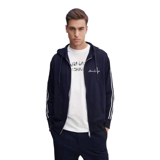 Marineblau Armani Exchange Herren-Sweatshirt, blau, aus Polyester-Mischgewebe, Kapuze mit Reißverschluss, weißen Ärmelstreifen und gesticktem Logo