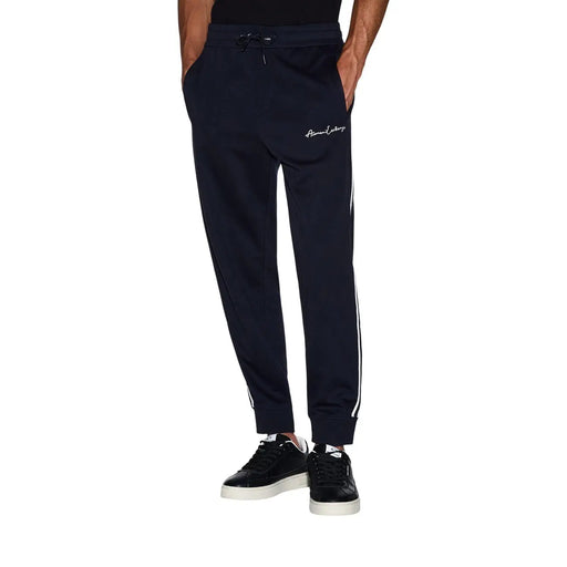 Armani Exchange Herren-Jogginghose aus blauem Polyester-Baumwoll-Mischgewebe mit weißen Seitenstreifen und gesticktem Logo am Oberschenkel