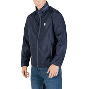 Navy blue lightweight nylon Armani Exchange men zip blazer with white zipper trim and chest logo patch in polyester