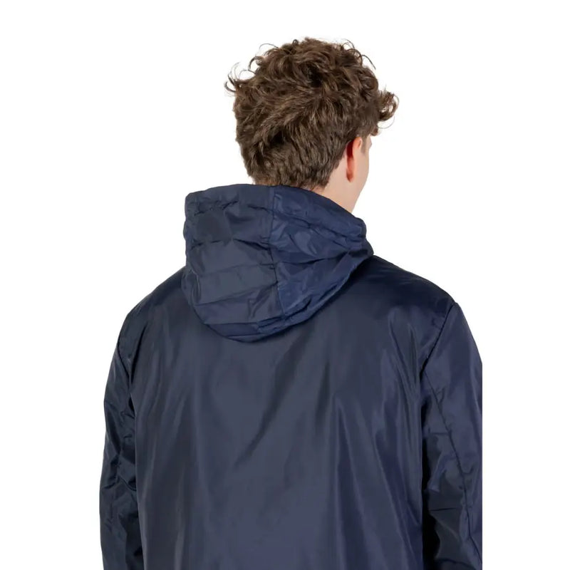 Armani Exchange men blue zip blazer in lightweight polyester with navy blue hooded smooth water-resistant fabric