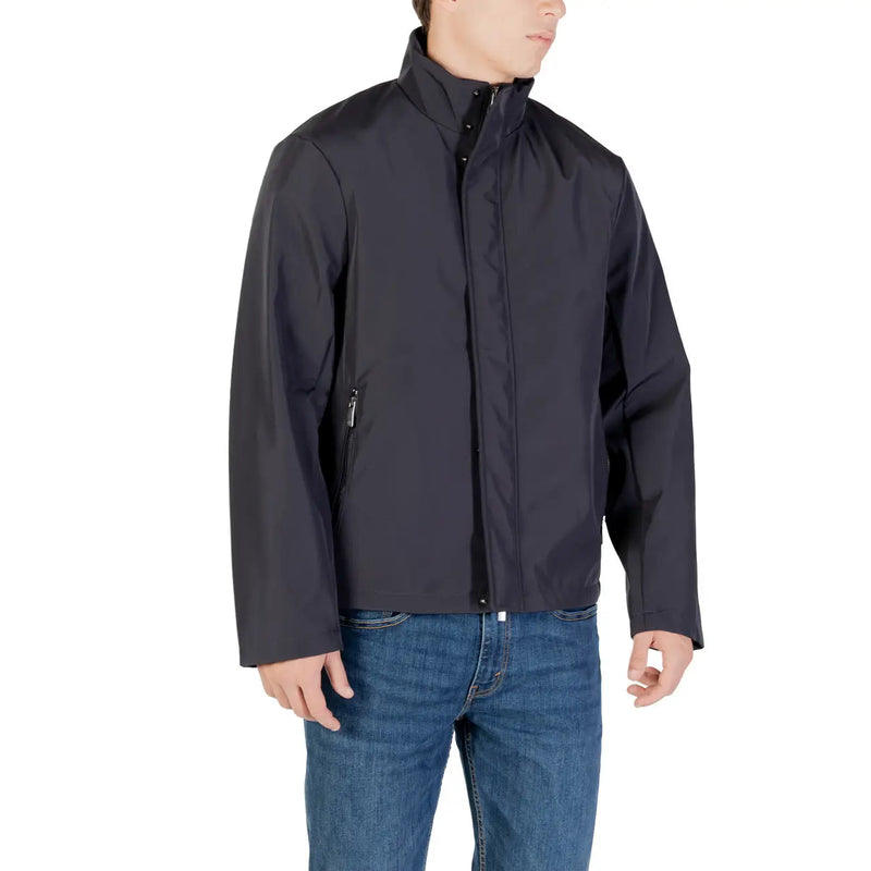 Black Armani Exchange men zip-up jacket with high collar and subtle side pockets made from polyester