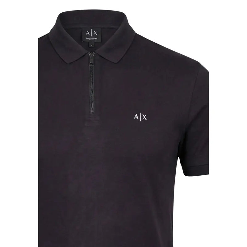 Schwarz Armani Exchange Herren-Poloshirt mit halbem Reißverschluss vorne, weißem, gesticktem Logo und Viskosegewebe