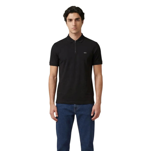 Armani Exchange men black polo shirt with white logo chest detail and zipper collar made of viscose