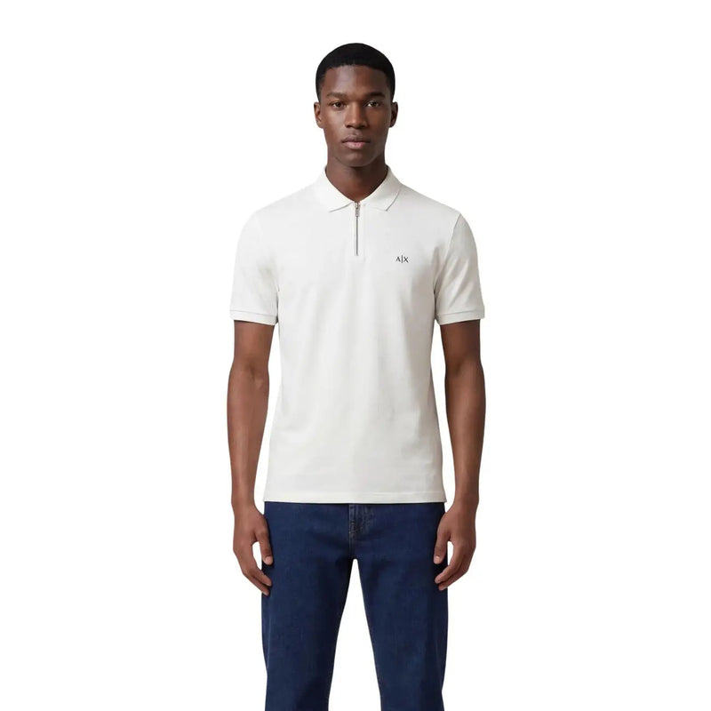 Armani Exchange men blue zip round neck polo made of viscose featuring a crisp white short-sleeved polo with a zippered collar and a|x logo embroidered on the chest