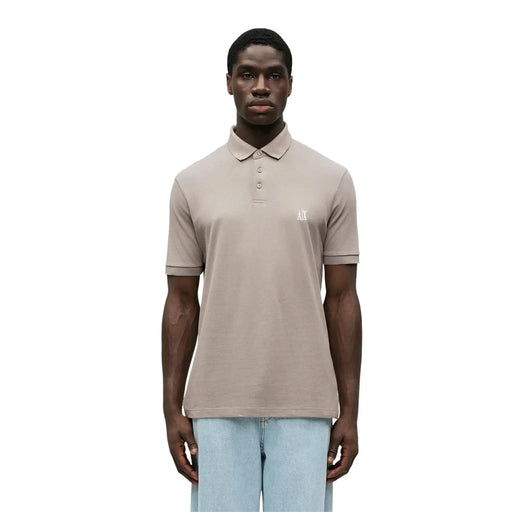 Beige Armani Exchange men brown cotton polo shirt with short sleeves and a subtle embroidered chest logo