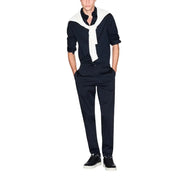 Armani Exchange Klassisches blaues Herren-Langarmhemd für Frühling und Sommer mit Knopfleiste, marineblauem Kragen im Matrosenstil und weißer Krawattendetails