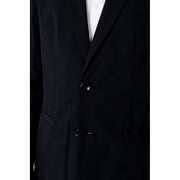 Black tailored cotton blazer by Armani Exchange for men with single button closure and sleek blue lapel collar