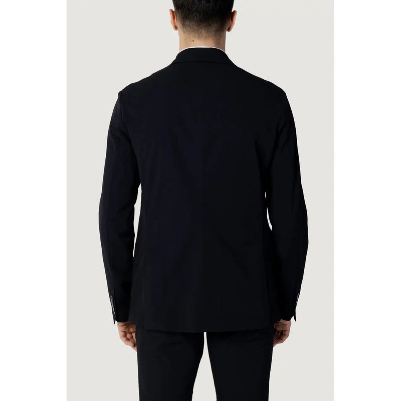 Armani exchange men cotton blazer blue lapel collar with black tailored suit jacket white collar and buttoned cuffs