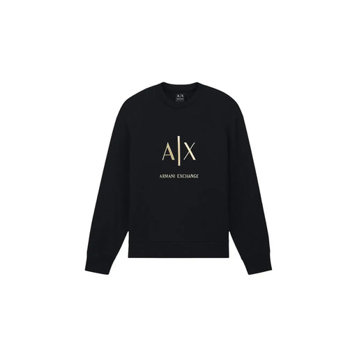 Armani Exchange Herren-Baumwoll-Sweatshirt, schwarz, Rundhalsausschnitt, mit goldenem Logo und Schriftzug auf der Vorderseite