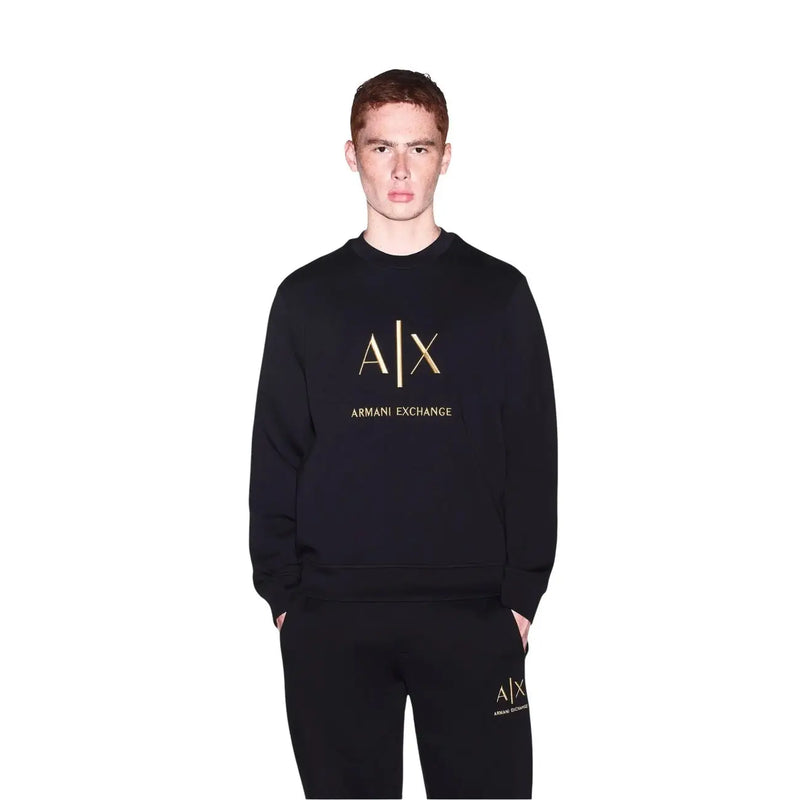 Schwarz armani exchange Herren-Baumwoll-Sweatshirt mit goldenem Logo und Schriftzug sowie Rundhalsausschnitt