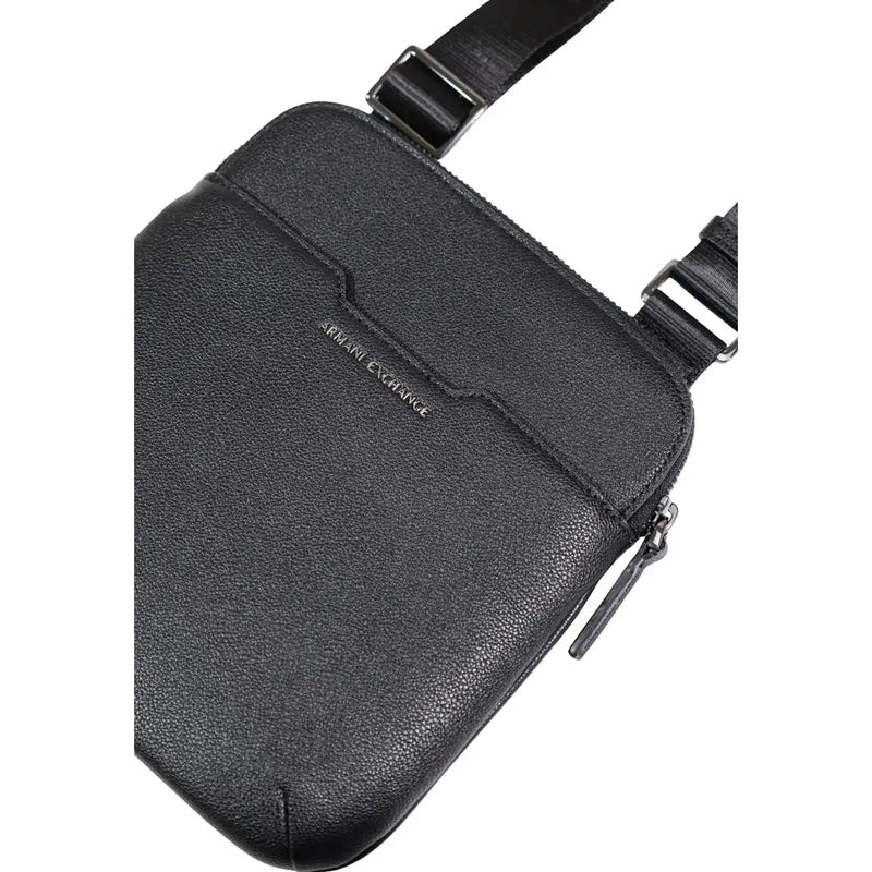 Armani Exchange Schwarze Herren-Umhängetasche aus genarbtem Leder mit Reißverschluss und verstellbarem Riemen, 22 x 23 x 1 cm