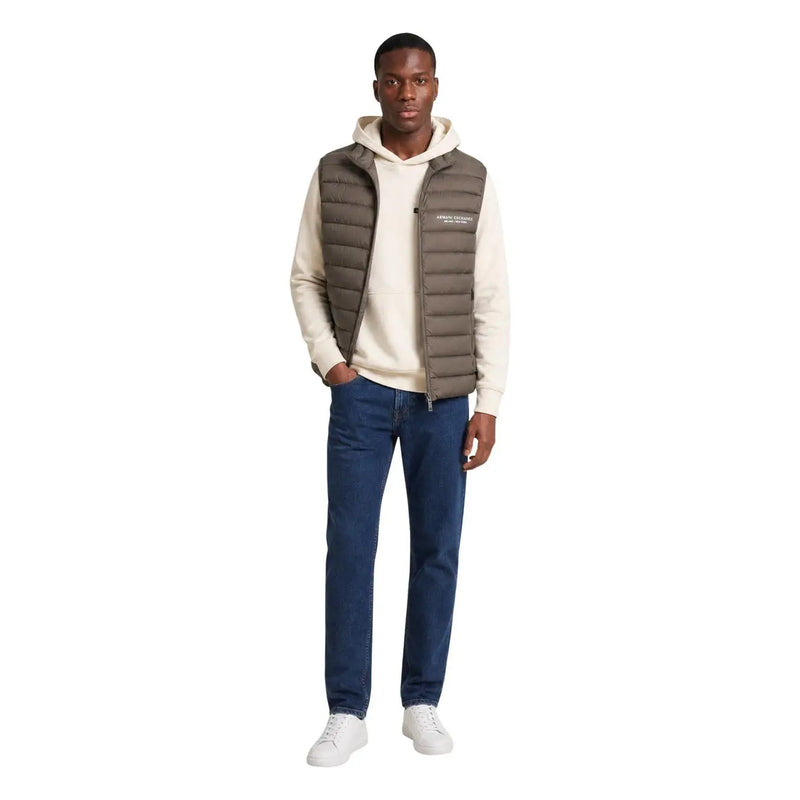 Armani Exchange Herren-Daunenweste, braun, ärmellos, mit olivgrünem Steppfutter und Reißverschluss vorne