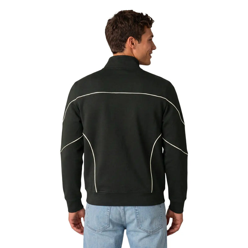 Schwarze Reißverschlussjacke mit weißen Kontrastnähten an Schultern und Ärmeln, kombiniert mit armani exchange Herren grüner Baumwoll-Hoodie