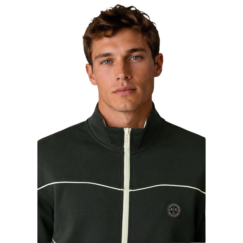 Armani Exchange Herren-Kapuzenpullover aus grüner Baumwolle mit Reißverschluss, dunkelgrünem Stoff, weißem Reißverschluss und weißen Zierelementen