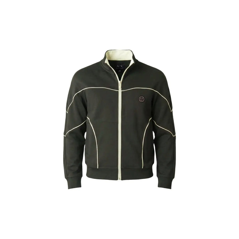 Armani Exchange Grüne Herren-Trainingsjacke aus Baumwolle mit Reißverschluss, cremefarbenen Kontrastnähten und gesticktem Logo auf der Brust