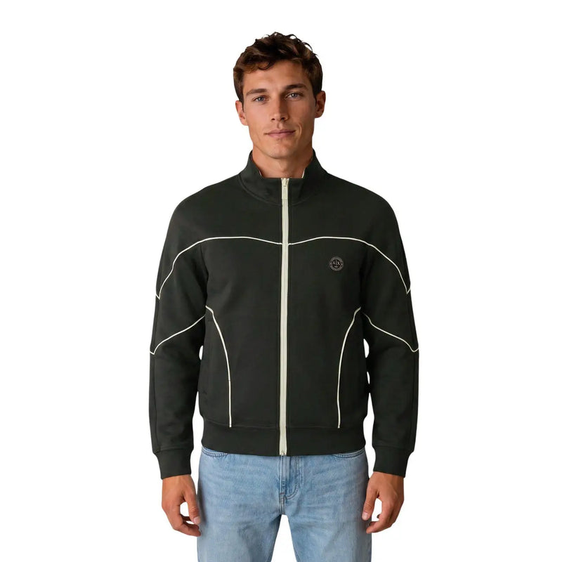 Armani Exchange Grüne Herren-Trainingsjacke aus Baumwolle mit Reißverschluss, weißen Paspeln und rundem Logo auf der linken Brust.