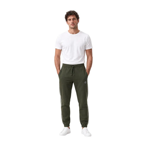 Armani Exchange Grüne Herren-Jogginghose aus Baumwolle mit weißen Seitenstreifen und Logo am linken Oberschenkel