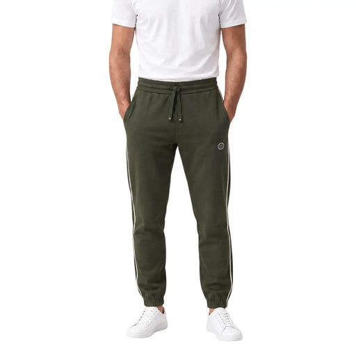 Armani Exchange Grüne Herren-Jogginghose aus Baumwolle mit weißen Seitenstreifen und rundem Logo am linken Oberschenkel
