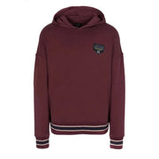 Armani Exchange men hooded bordeaux sweatshirt with front pockets, maroon color, black white striped cuffs and logo patch