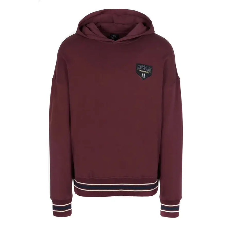 Armani Exchange men hooded bordeaux sweatshirt with front pockets, maroon color, black white striped cuffs and logo patch
