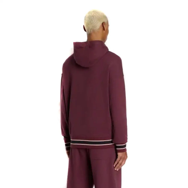 Armani Exchange men hooded bordeaux sweatshirt with front pockets maroon fabric and black white striped cuffs and hem