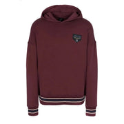 Armani Exchange men hooded bordeaux sweatshirt with front pockets, maroon color, black white striped cuffs and logo patch
