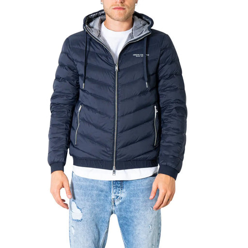Armani Exchange Herren-Kapuzenjacke, marineblau, Polyester-Steppjacke mit grau gefütterter Kapuze und silbernen Reißverschlüssen