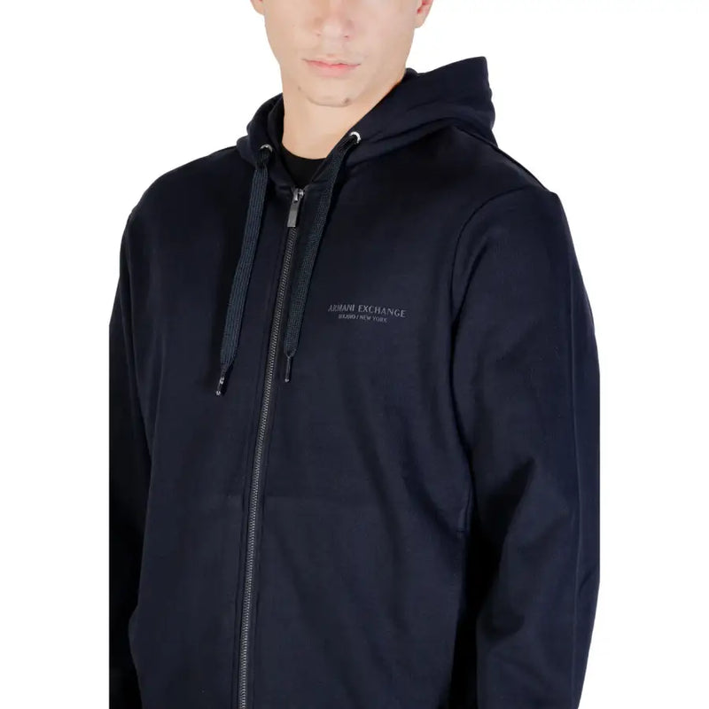 Schwarz armani exchange Herren-Kapuzenpullover aus Baumwolle mit Reißverschluss und dezentem, gesticktem Logo auf der Brust