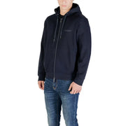 Armani Exchange Herren-Kapuzenpullover aus blauer Baumwolle mit Reißverschluss, marineblauen Kordelzügen und dezenter Logo-Stickerei auf der Brust.