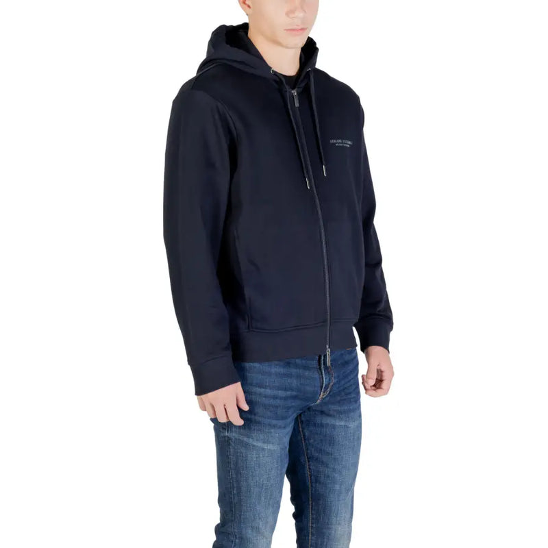 Schwarz Armani Exchange Herren-Kapuzenpullover mit dezent gesticktem Logo, blauer Baumwoll-Kapuzenpullover mit Reißverschluss, Vorderansicht