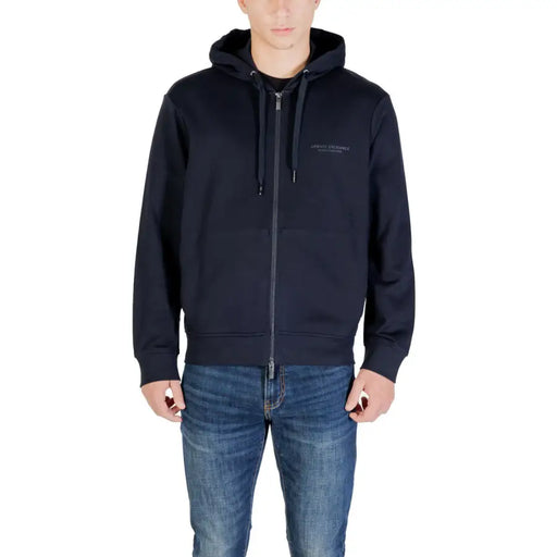 Armani Exchange Herren-Kapuzenpullover aus blauer Baumwolle mit Reißverschluss und dezentem, gesticktem Logo auf der Brust