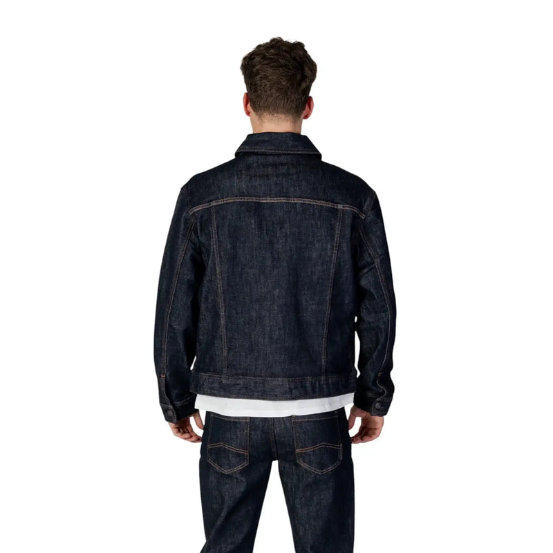Dunkelindigofarbene Jeansjacke mit klassischen Ziernähten und Kragen von Armani Exchange in blauer Baumwollmischung, Größe L