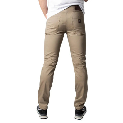 Back side of khaki slim-fit Armani Exchange men jeans in beige cotton stretch with subtle brand patch on pocket