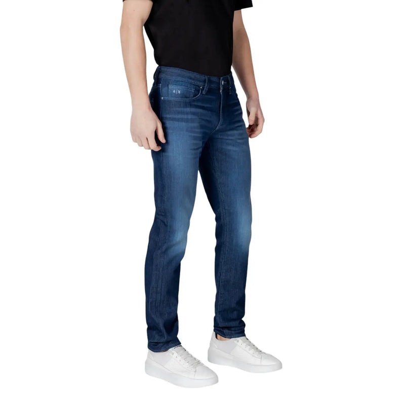 Back side of dark blue denim armani exchange men jeans in cotton stretch with slim fit and a x logo on the pocket